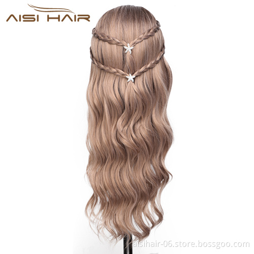 Aisi Hair Cheap Long Wavy Ombre Brown Dark Root Wig Body Wave Lace Front Wig Synthetic Fiber Front Lace Wigs For Black Women